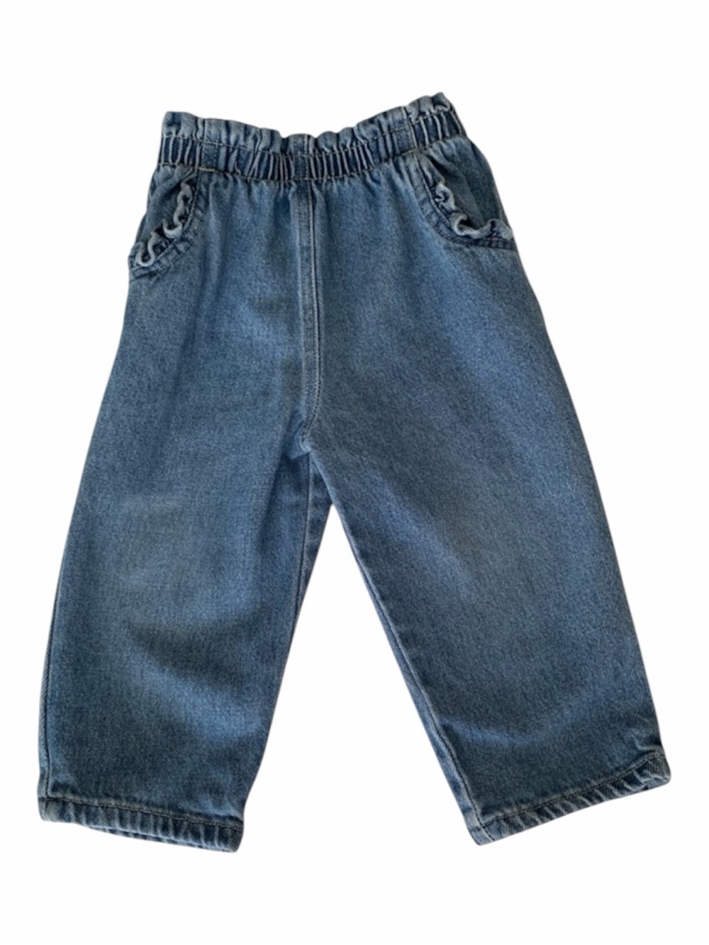 VTG Nursery Rhyme Jeans Girls 12M Blue Denim Ruffles Pull Up Style Elastic Waist